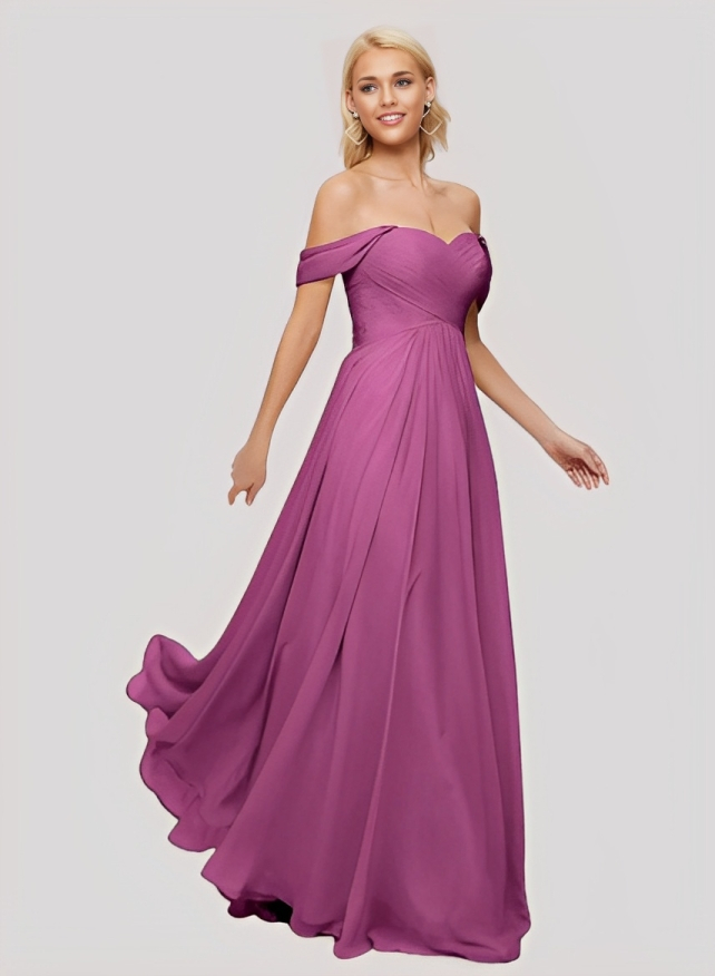 A-Line Off-the-Shoulder Short sleeves Chiffon Floor-Length Bridesmaid Dress With Pleated