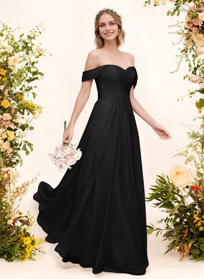 A-Line Off-The-Shoulder Short Sleeves Chiffon Floor-Length Bridesmaid Dress With Pleated