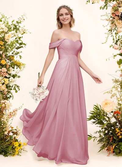 A-Line Off-The-Shoulder Short Sleeves Chiffon Floor-Length Bridesmaid Dress With Pleated