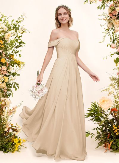 A-Line Off-The-Shoulder Short Sleeves Chiffon Floor-Length Bridesmaid Dress With Pleated