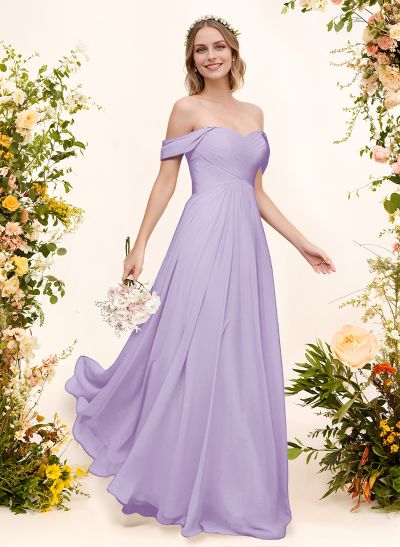 A-Line Off-The-Shoulder Short Sleeves Chiffon Floor-Length Bridesmaid Dress With Pleated