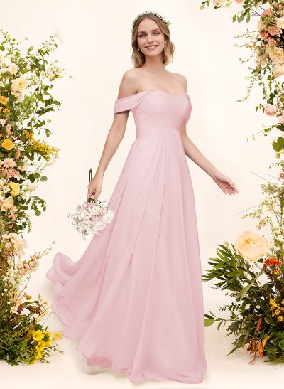 A-Line Off-The-Shoulder Short Sleeves Chiffon Floor-Length Bridesmaid Dress With Pleated
