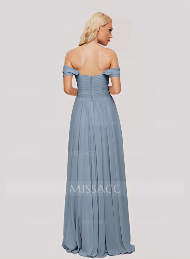 A-Line Off-The-Shoulder Short Sleeves Chiffon Floor-Length Bridesmaid Dress With Pleated