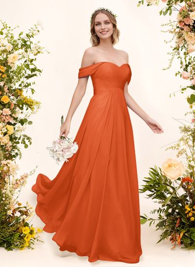 A-Line Off-The-Shoulder Short Sleeves Chiffon Floor-Length Bridesmaid Dress With Pleated