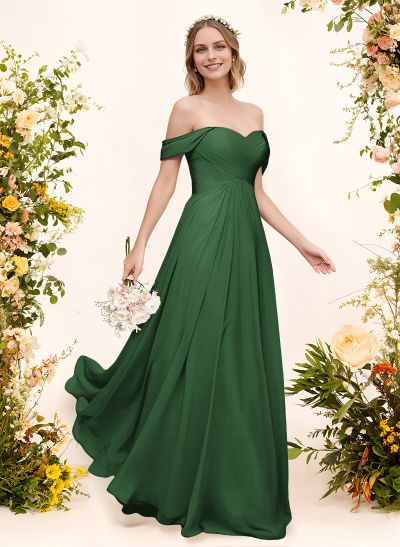 A-Line Off-The-Shoulder Short Sleeves Chiffon Floor-Length Bridesmaid Dress With Pleated