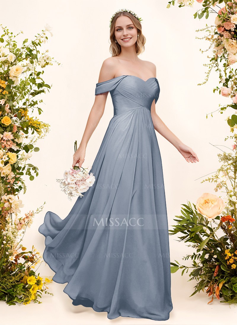 A-Line Off-The-Shoulder Short Sleeves Chiffon Floor-Length Bridesmaid Dress With Pleated