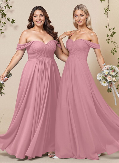 A-Line Off-The-Shoulder Short Sleeves Chiffon Floor-Length Bridesmaid Dress With Pleated