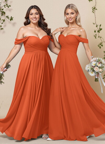 A-Line Off-The-Shoulder Short Sleeves Chiffon Floor-Length Bridesmaid Dress With Pleated