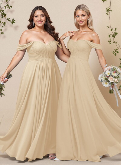 A-Line Off-The-Shoulder Short Sleeves Chiffon Floor-Length Bridesmaid Dress With Pleated