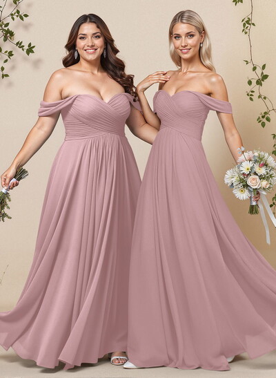 A-Line Off-The-Shoulder Short Sleeves Chiffon Floor-Length Bridesmaid Dress With Pleated