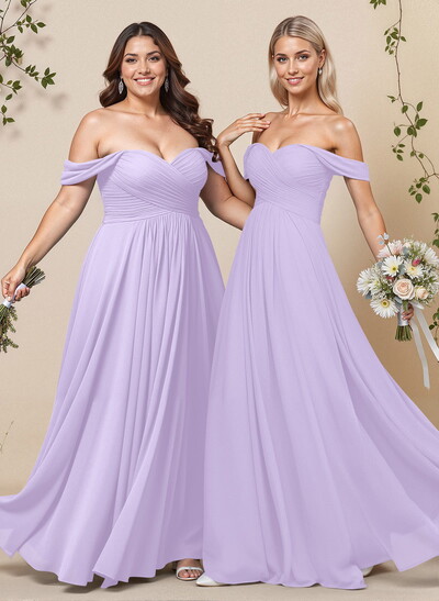 A-Line Off-The-Shoulder Short Sleeves Chiffon Floor-Length Bridesmaid Dress With Pleated