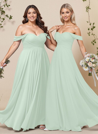 A-Line Off-The-Shoulder Short Sleeves Chiffon Floor-Length Bridesmaid Dress With Pleated