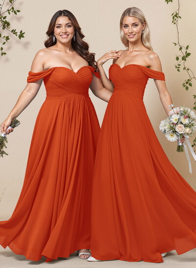 A-Line Off-The-Shoulder Short Sleeves Chiffon Floor-Length Bridesmaid Dress With Pleated