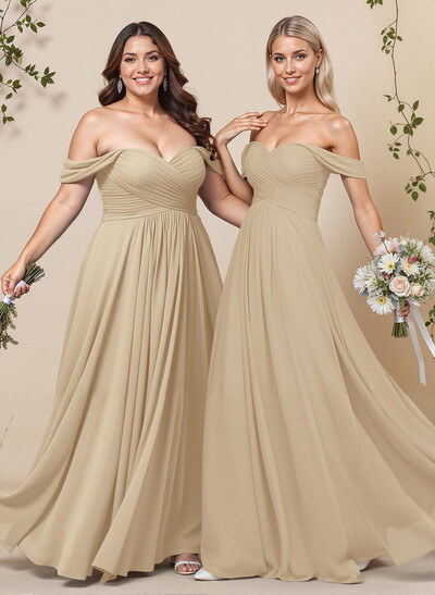 A-Line Off-The-Shoulder Short Sleeves Chiffon Floor-Length Bridesmaid Dress With Pleated