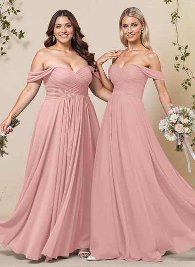 A-Line Off-The-Shoulder Short Sleeves Chiffon Floor-Length Bridesmaid Dress With Pleated