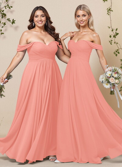 A-Line Off-The-Shoulder Short Sleeves Chiffon Floor-Length Bridesmaid Dress With Pleated