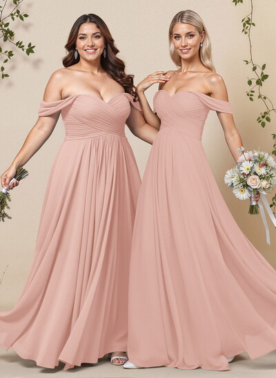 A-Line Off-The-Shoulder Short Sleeves Chiffon Floor-Length Bridesmaid Dress With Pleated