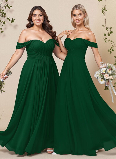 A-Line Off-The-Shoulder Short Sleeves Chiffon Floor-Length Bridesmaid Dress With Pleated