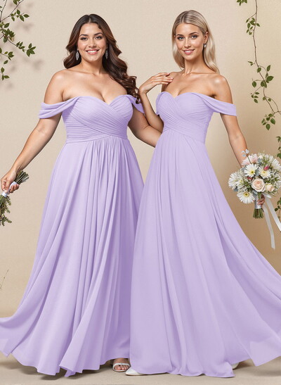 A-Line Off-The-Shoulder Short Sleeves Chiffon Floor-Length Bridesmaid Dress With Pleated