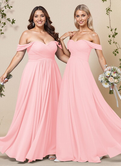 A-Line Off-The-Shoulder Short Sleeves Chiffon Floor-Length Bridesmaid Dress With Pleated