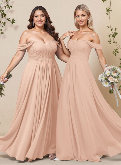 A-Line Off-The-Shoulder Short Sleeves Chiffon Floor-Length Bridesmaid Dress With Pleated