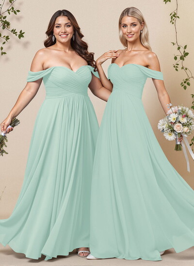 A-Line Off-The-Shoulder Short Sleeves Chiffon Floor-Length Bridesmaid Dress With Pleated