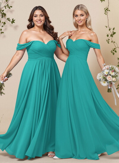 A-Line Off-The-Shoulder Short Sleeves Chiffon Floor-Length Bridesmaid Dress With Pleated