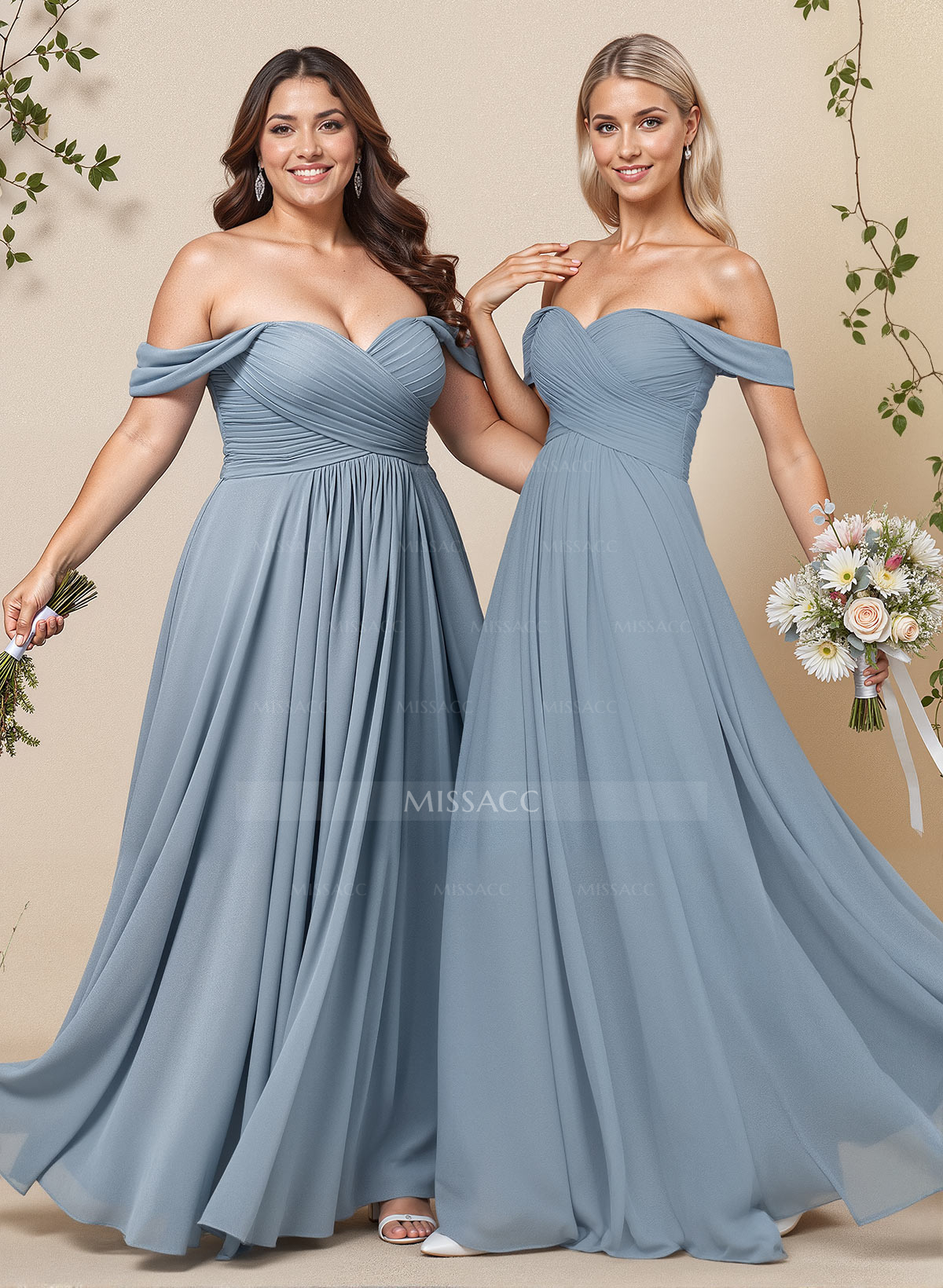 A-Line Off-The-Shoulder Short Sleeves Chiffon Floor-Length Bridesmaid Dress With Pleated