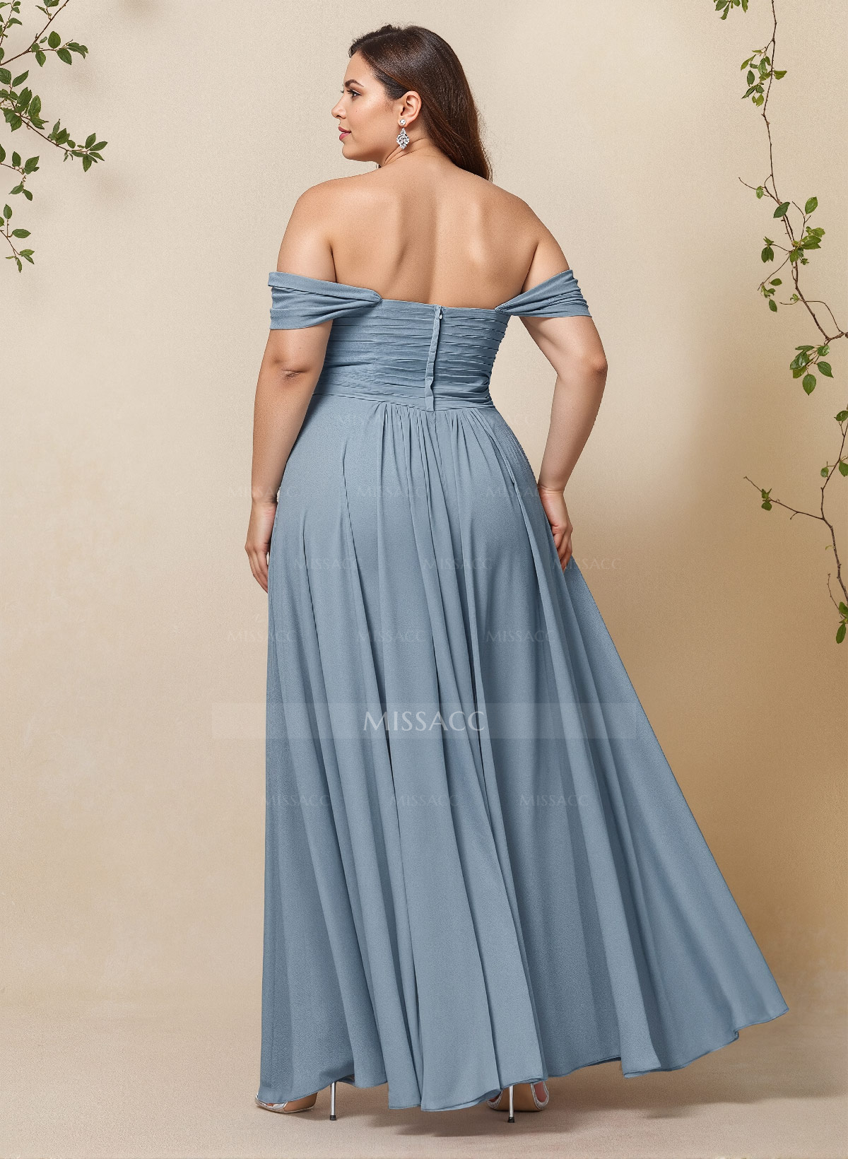 A-Line Off-The-Shoulder Short Sleeves Chiffon Floor-Length Bridesmaid Dress With Pleated