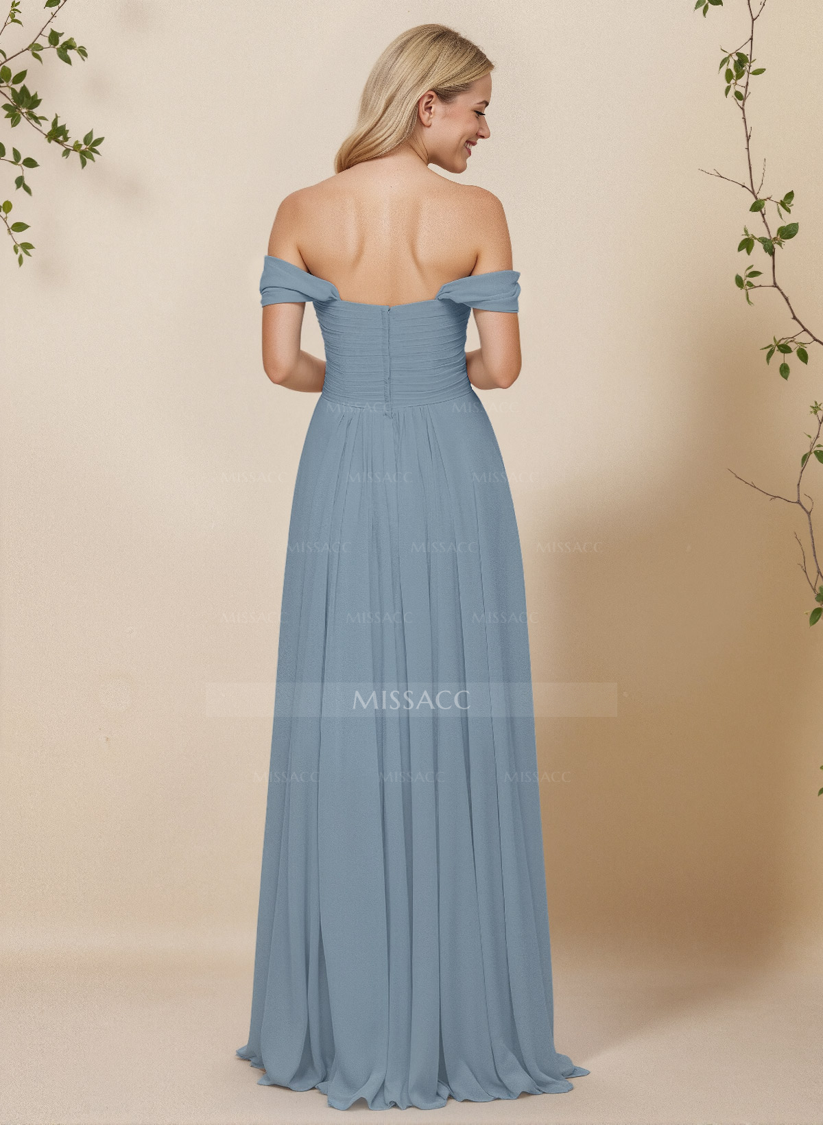 A-Line Off-The-Shoulder Short Sleeves Chiffon Floor-Length Bridesmaid Dress With Pleated