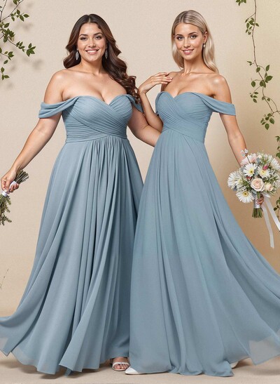 A-Line Off-The-Shoulder Short Sleeves Chiffon Floor-Length Bridesmaid Dress With Pleated