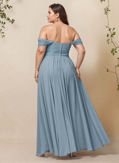 A-Line Off-The-Shoulder Short Sleeves Chiffon Floor-Length Bridesmaid Dress With Pleated