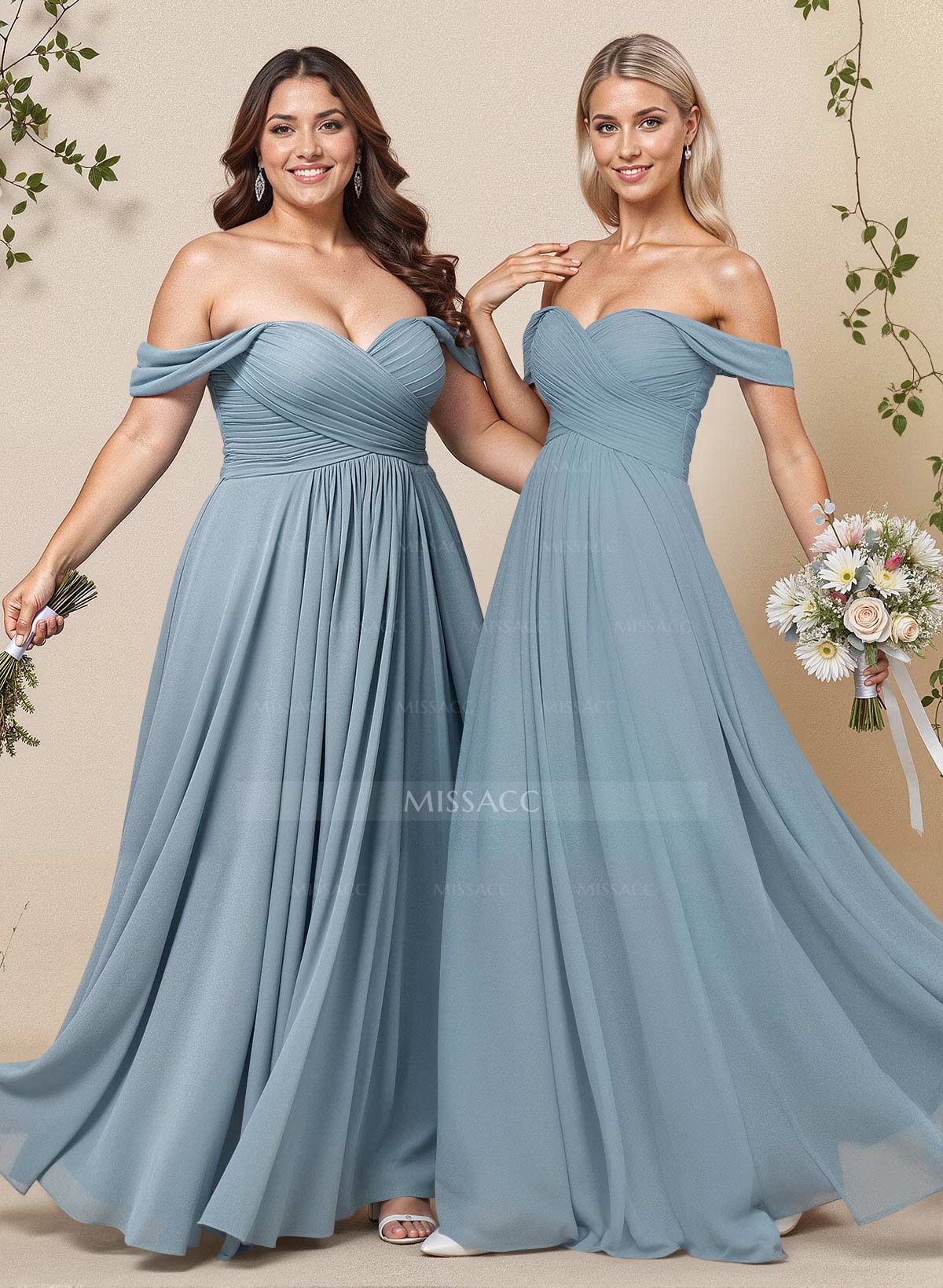 A-Line Off-The-Shoulder Short Sleeves Chiffon Floor-Length Bridesmaid Dress With Pleated