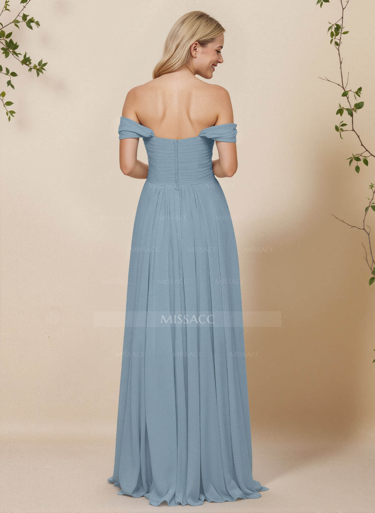 A-Line Off-The-Shoulder Short Sleeves Chiffon Floor-Length Bridesmaid Dress With Pleated