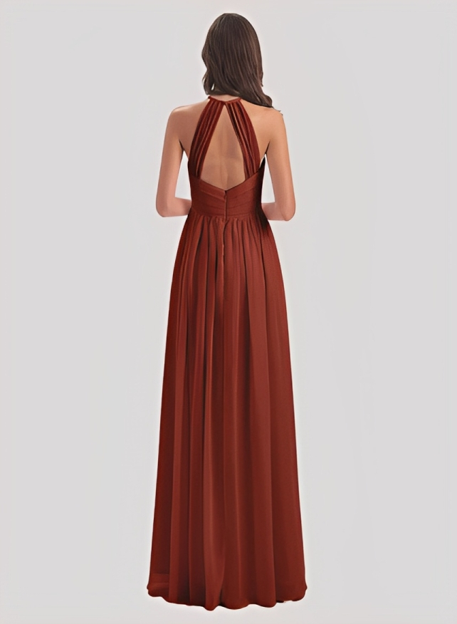 A-Line Halter Sleeveless Floor-Length Chiffon Bridesmaid Dresses With Back Hole