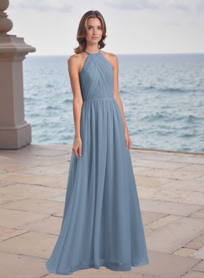 A-Line Halter Sleeveless Floor-Length Chiffon Bridesmaid Dresses With Back Hole