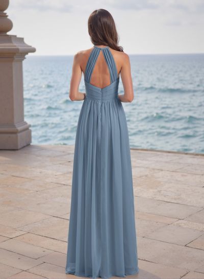 A-Line Halter Sleeveless Floor-Length Chiffon Bridesmaid Dresses With Back Hole