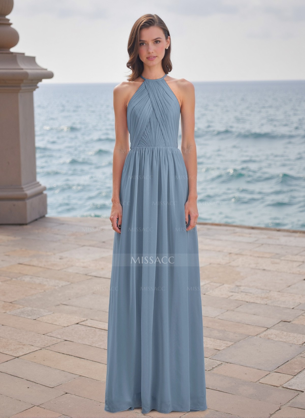 A-Line Halter Sleeveless Floor-Length Chiffon Bridesmaid Dresses With Back Hole