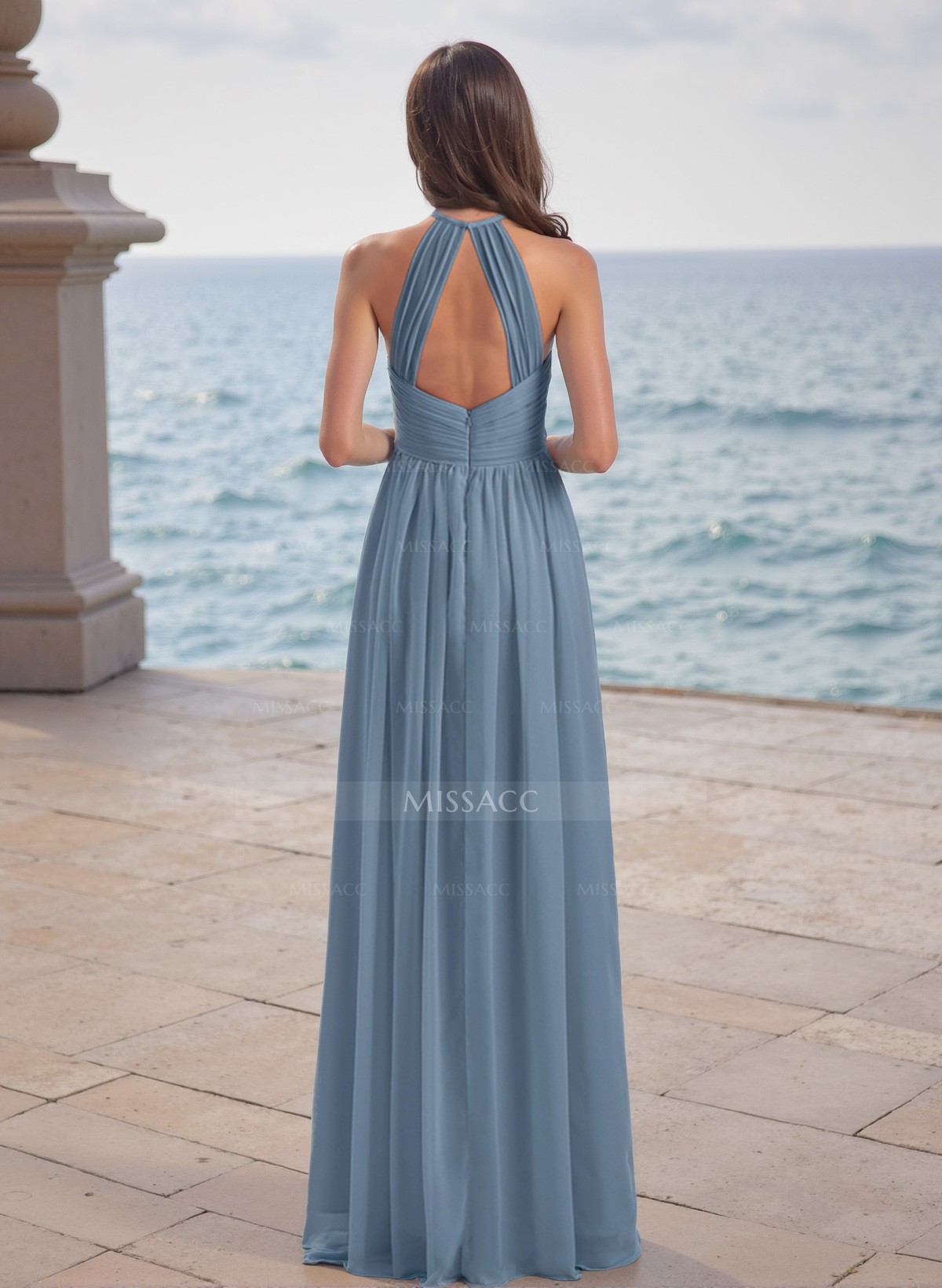 A-Line Halter Sleeveless Floor-Length Chiffon Bridesmaid Dresses With Back Hole