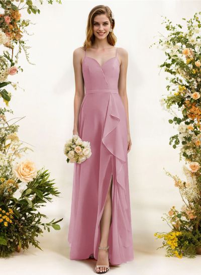 Sheath/Column Sweetheart Sleeveless Chiffon Floor-Length Bridesmaid Dress With Split Front Cascading Ruffles