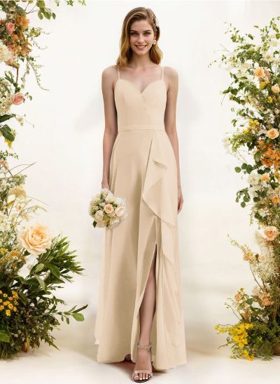 Sheath/Column Sweetheart Sleeveless Chiffon Floor-Length Bridesmaid Dress With Split Front Cascading Ruffles