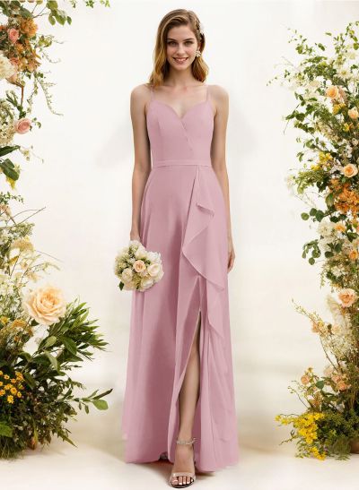 Sheath/Column Sweetheart Sleeveless Chiffon Floor-Length Bridesmaid Dress With Split Front Cascading Ruffles