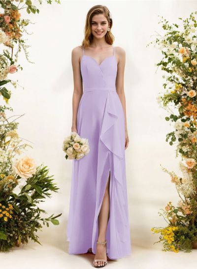 Sheath/Column Sweetheart Sleeveless Chiffon Floor-Length Bridesmaid Dress With Split Front Cascading Ruffles