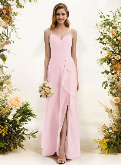 Sheath/Column Sweetheart Sleeveless Chiffon Floor-Length Bridesmaid Dress With Split Front Cascading Ruffles