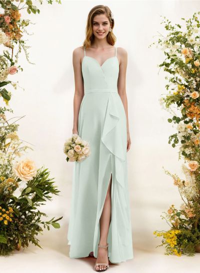 Sheath/Column Sweetheart Sleeveless Chiffon Floor-Length Bridesmaid Dress With Split Front Cascading Ruffles