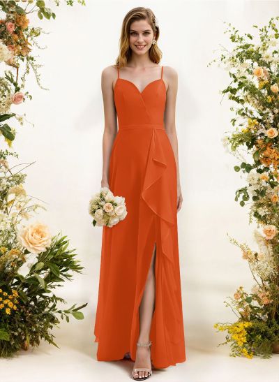 Sheath/Column Sweetheart Sleeveless Chiffon Floor-Length Bridesmaid Dress With Split Front Cascading Ruffles