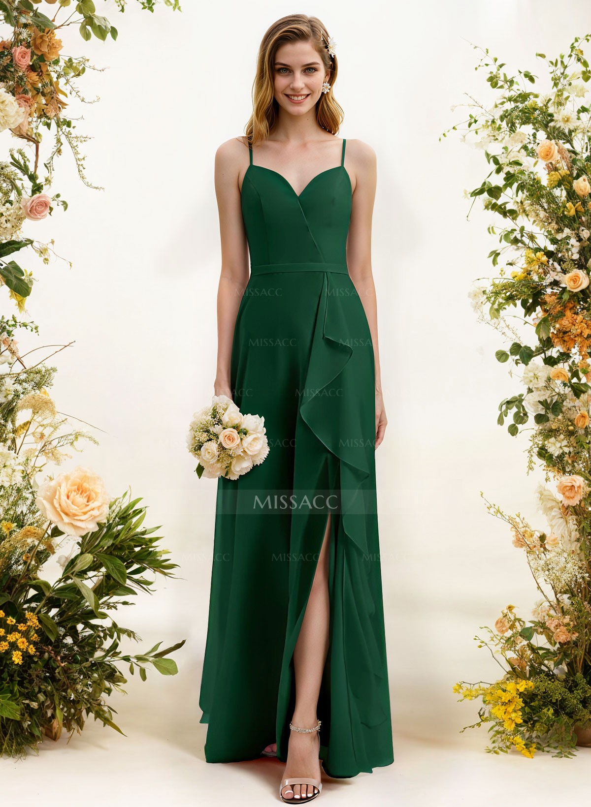 Sheath/Column Sweetheart Sleeveless Chiffon Floor-Length Bridesmaid Dress With Split Front Cascading Ruffles