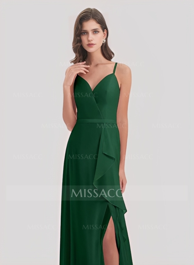 Sheath/Column Sweetheart Sleeveless Chiffon Floor-Length Bridesmaid Dress With Split Front Cascading Ruffles