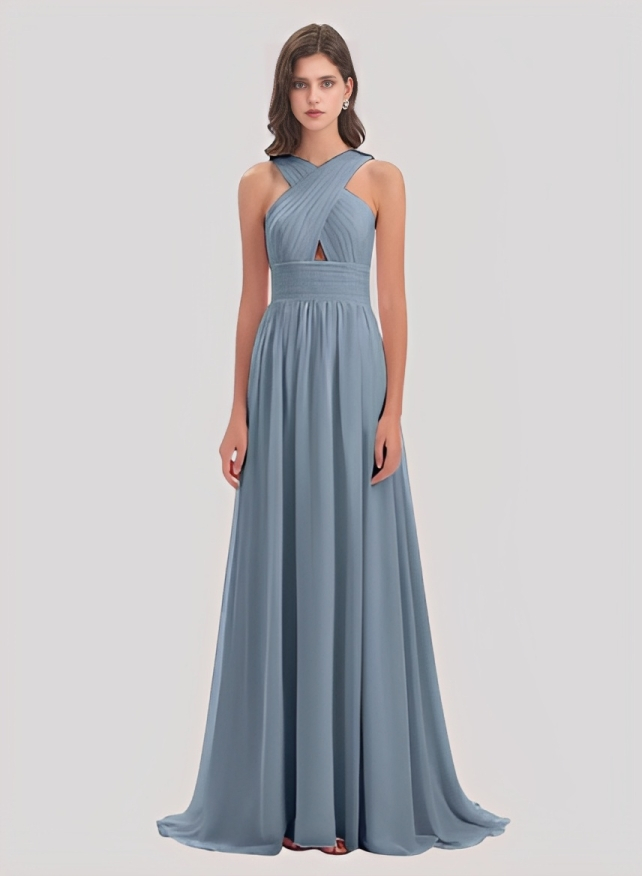 A-Line V-Neck Sleeveless Chiffon Floor-Length Bridesmaid Dress With Pleated