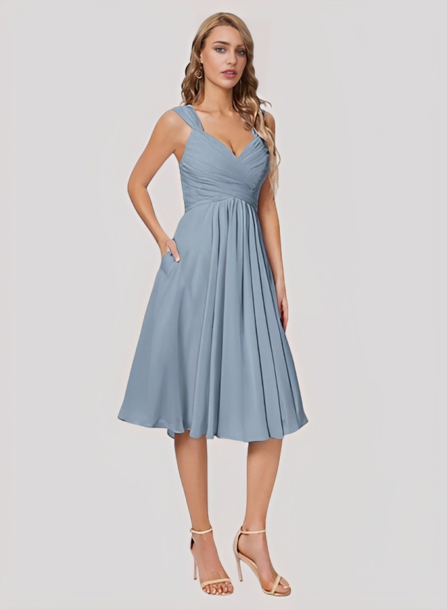 V-neck Sleeveless Chiffon Pleated A-line Dress with Slit Turquoise